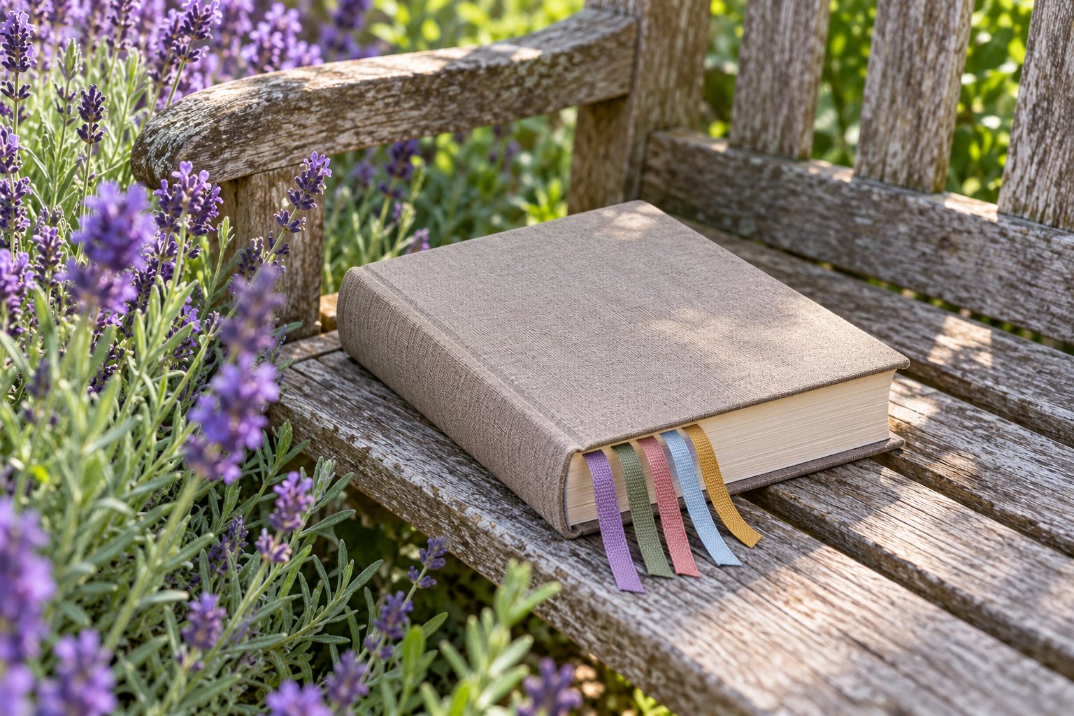 A closed Bible with colorful ribbon markers on a weathered wooden garden bench surrounded by lavender