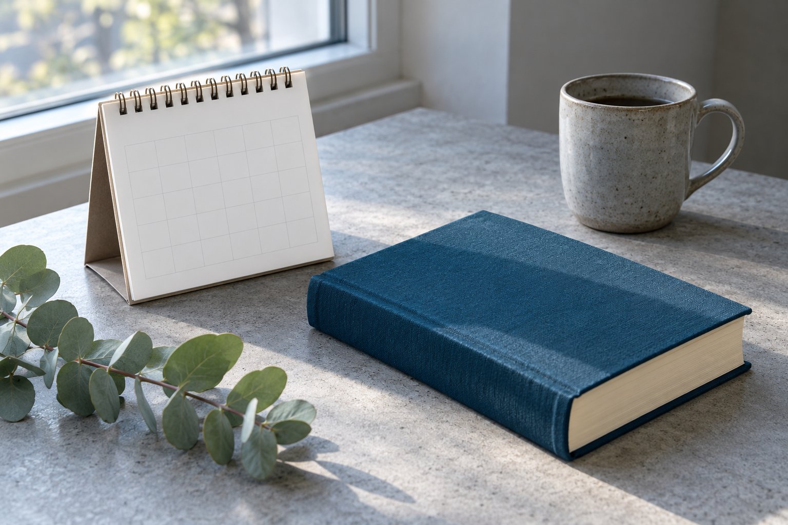 A blank desk calendar, a teal hardcover Bible, a ceramic mug and a eucalyptus sprig on a gray concrete table by a window