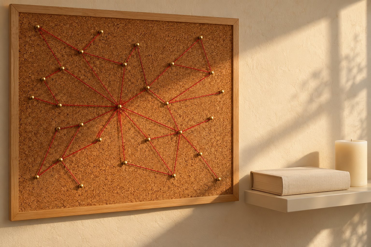 Red threads connecting brass pins on a cork board beside a shelf with a closed book and a candle