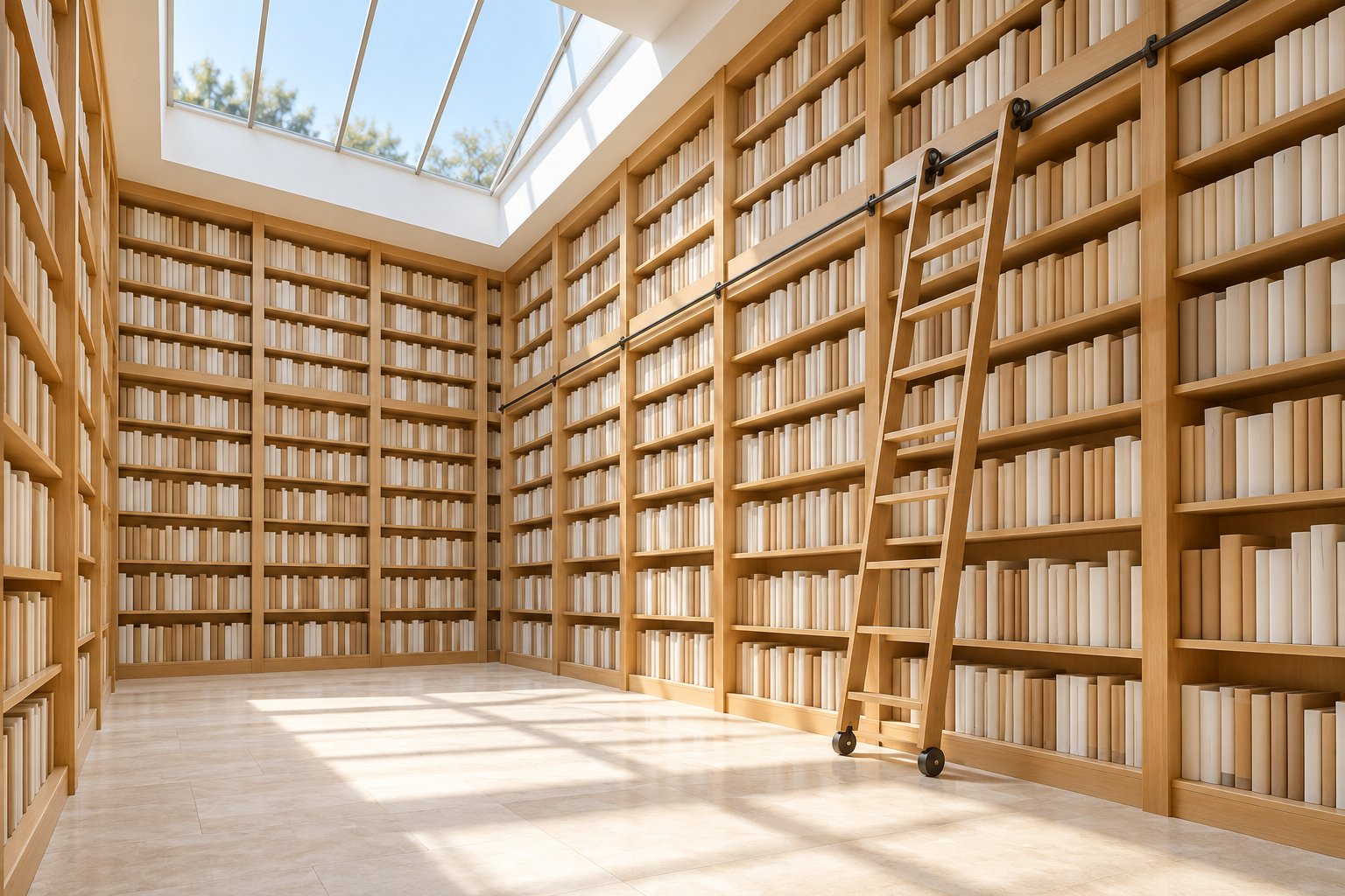 A tall light wood library with a rolling ladder and plain book spines under a skylight